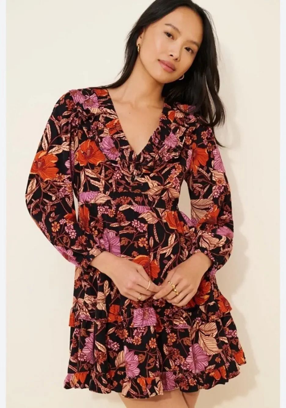 Pilcro Anthropologie Floral Tiered Mini Dress L Corduroy 100% Cotton Cottage